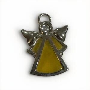 Stained Glass Angel Christmas Pin Brooch Metal Yellow Silver Tone 1 3/4-in